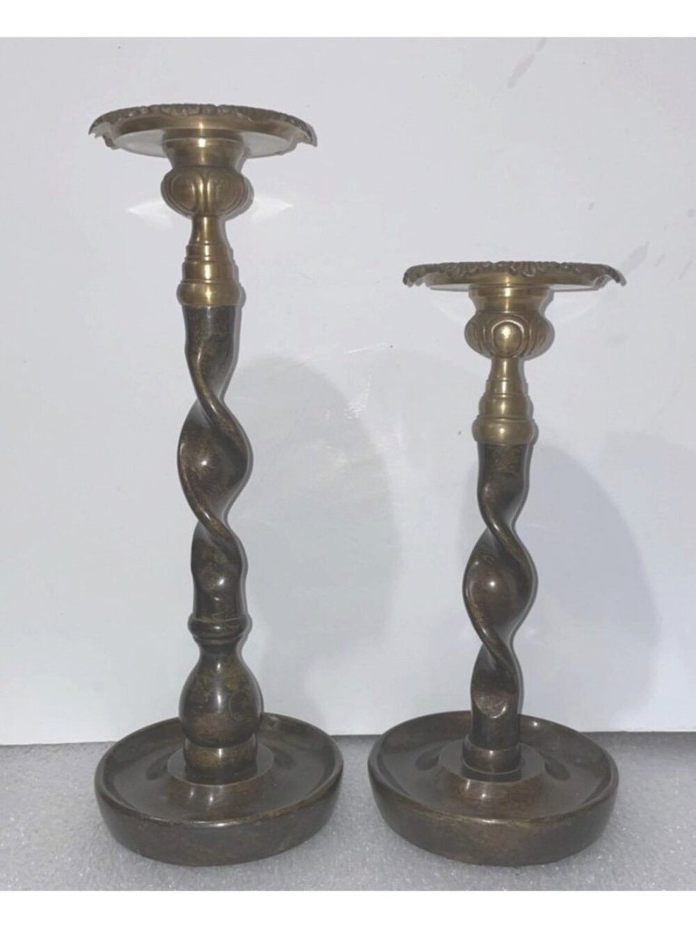 Southern Living Barley Twist Pillar Candlestick Pair #40582 #40583 Rubbed Bronze